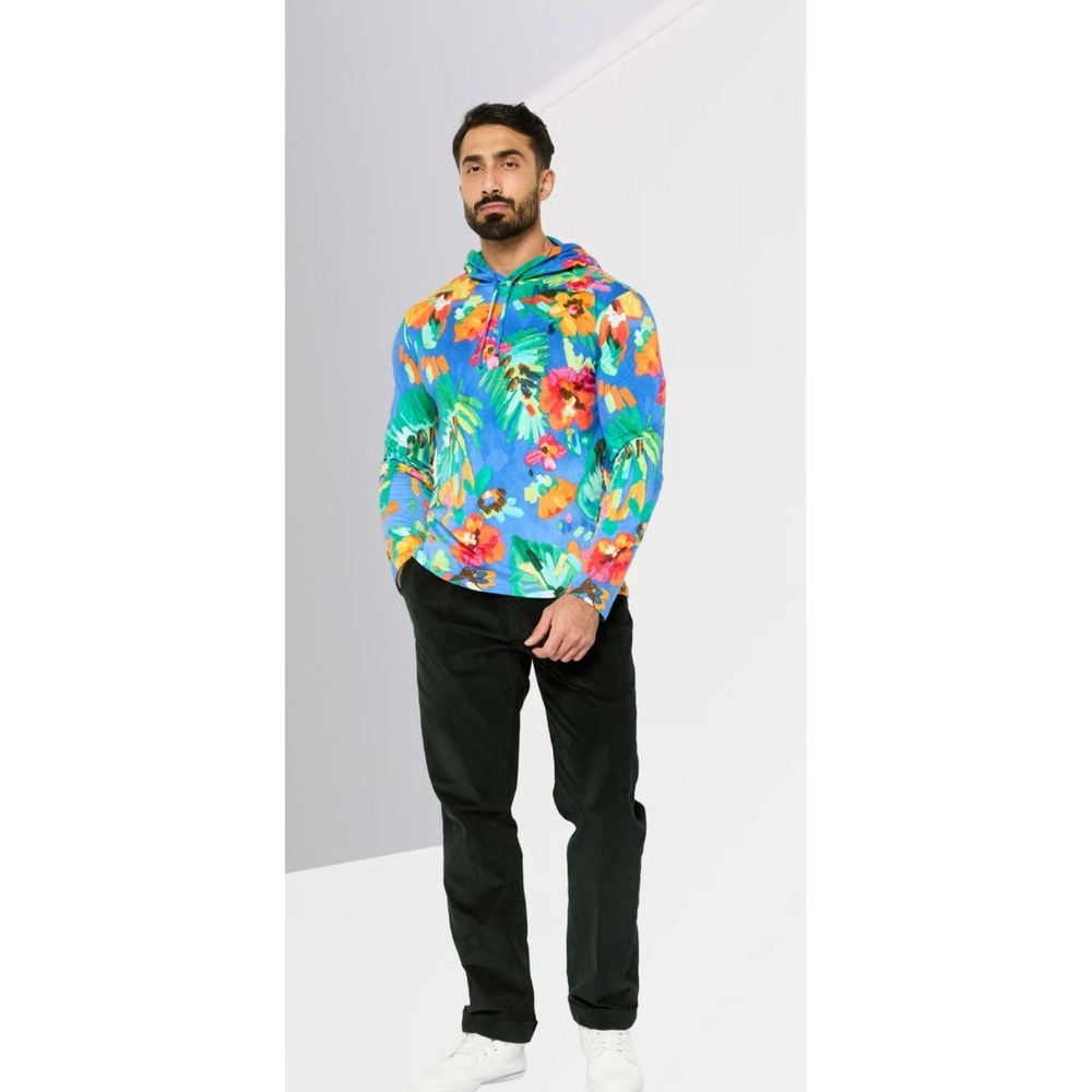 Polo Ralph Lauren Floral Hooded T-Shirt Mens 2XLT Blue Excellent Tropical Print - Picture 2 of 9
